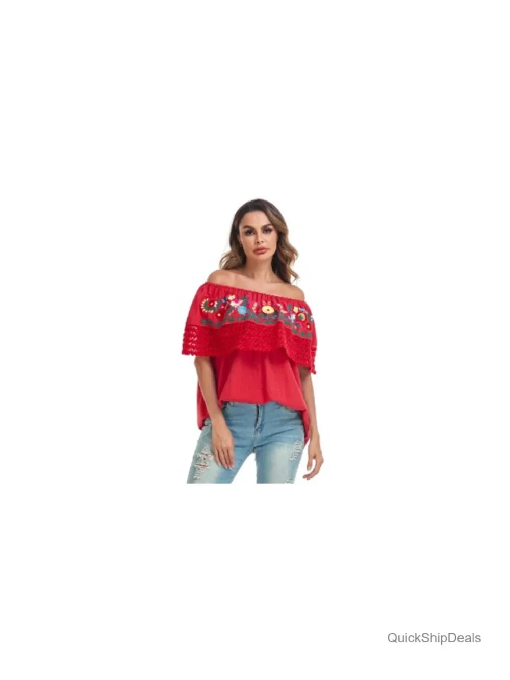 Embroidered Off-Shoulder Blouse Lace Top with Short Puff Sleeves